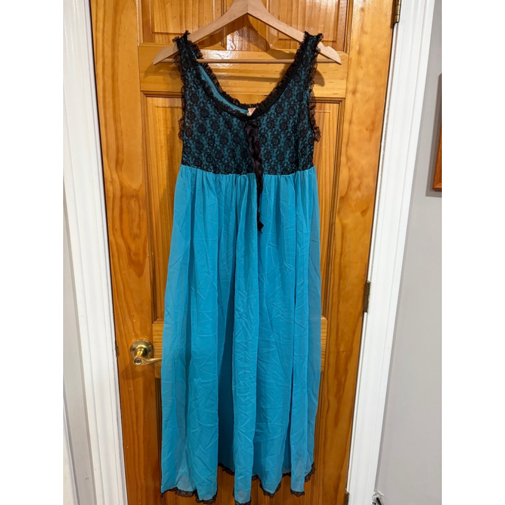 Vintage Union Made Teal Black Lace Sheer Babydoll Nightgown 90s Lingerie Small